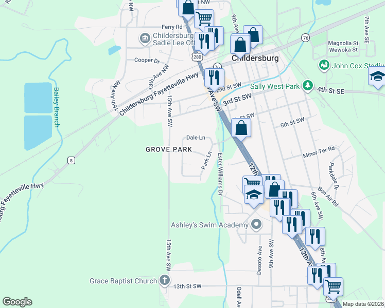 map of restaurants, bars, coffee shops, grocery stores, and more near 135 David Road in Childersburg