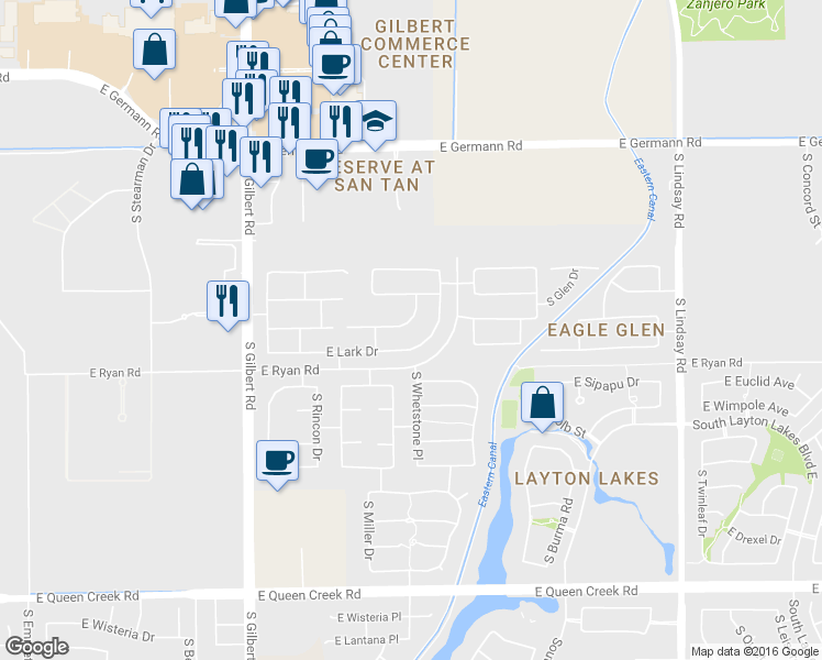 map of restaurants, bars, coffee shops, grocery stores, and more near 3393 East Bluebird Place in Chandler