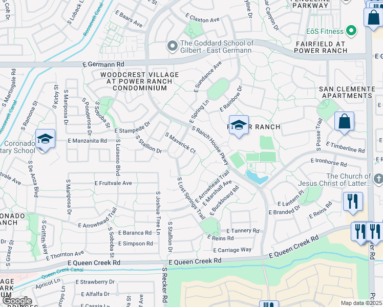 map of restaurants, bars, coffee shops, grocery stores, and more near 4114 East Rustler Way in Gilbert