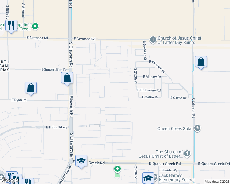 map of restaurants, bars, coffee shops, grocery stores, and more near 21099 East Timberline Road in Queen Creek