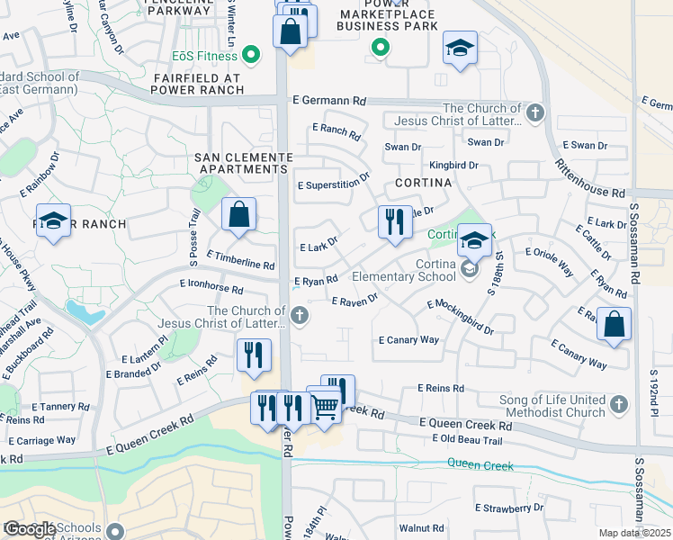 map of restaurants, bars, coffee shops, grocery stores, and more near 18503 East Cattle Drive in Queen Creek
