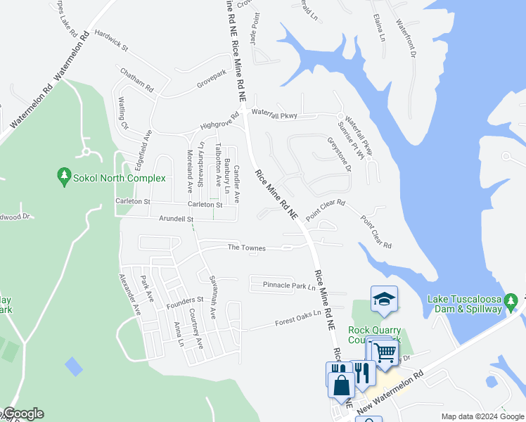 map of restaurants, bars, coffee shops, grocery stores, and more near 5810 Rice Mine Road Northeast in Tuscaloosa