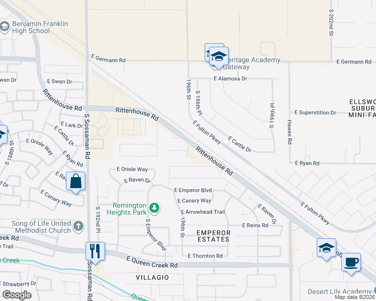 map of restaurants, bars, coffee shops, grocery stores, and more near 21099 East Timberline Road in Queen Creek