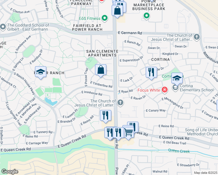 map of restaurants, bars, coffee shops, grocery stores, and more near 4763 East Timberline Road in Gilbert