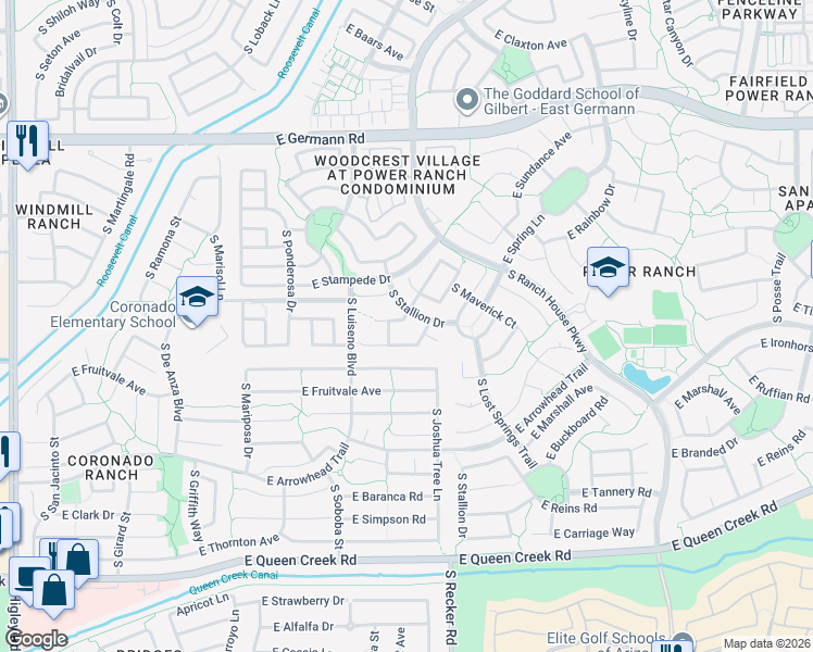 map of restaurants, bars, coffee shops, grocery stores, and more near 3899 East Timberline Road in Gilbert