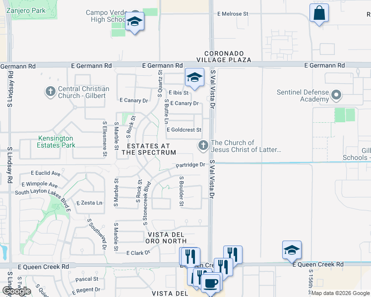 map of restaurants, bars, coffee shops, grocery stores, and more near 1480 East Raven Court in Gilbert