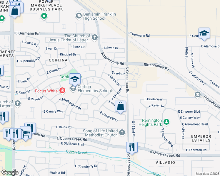 map of restaurants, bars, coffee shops, grocery stores, and more near 19083 East Ryan Road in Queen Creek