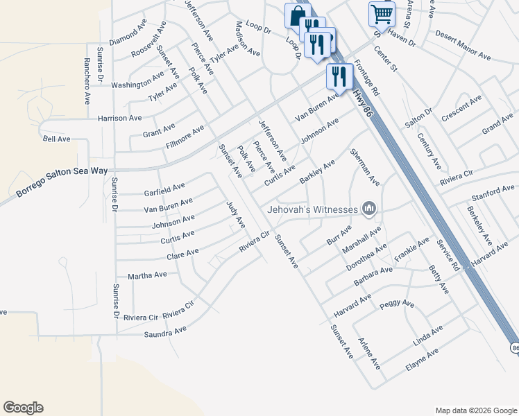 map of restaurants, bars, coffee shops, grocery stores, and more near Sunset Avenue in Salton City