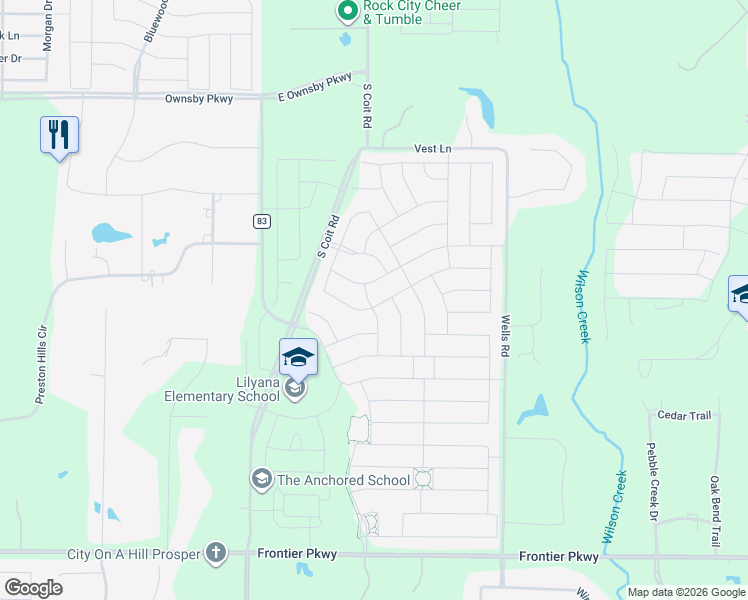 map of restaurants, bars, coffee shops, grocery stores, and more near 1424 Ladys Mantle Way in Prosper