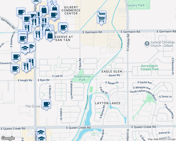 map of restaurants, bars, coffee shops, grocery stores, and more near 3645 East Bluebird Place in Chandler