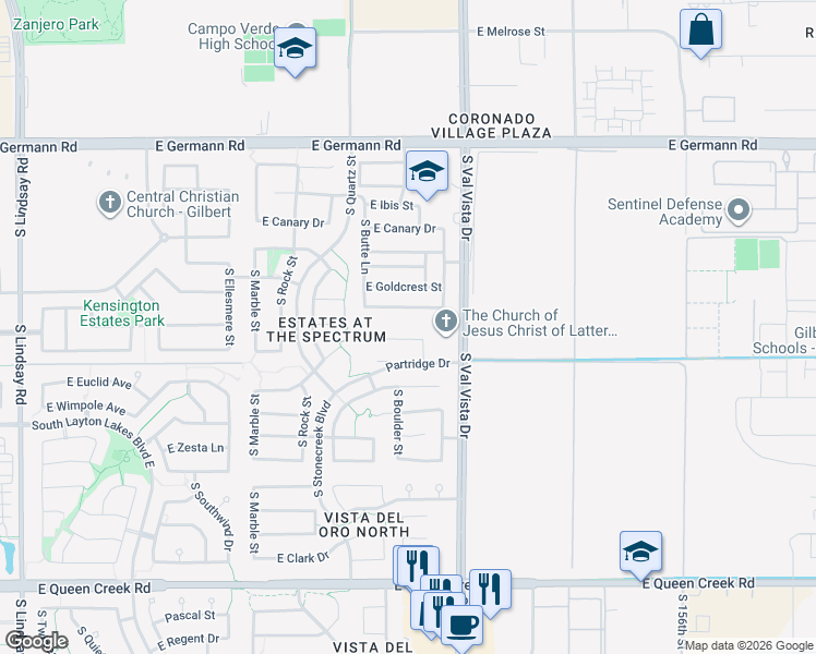 map of restaurants, bars, coffee shops, grocery stores, and more near 1480 East Raven Court in Gilbert