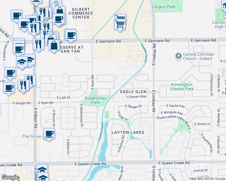 map of restaurants, bars, coffee shops, grocery stores, and more near 3715 East Bluebird Place in Chandler