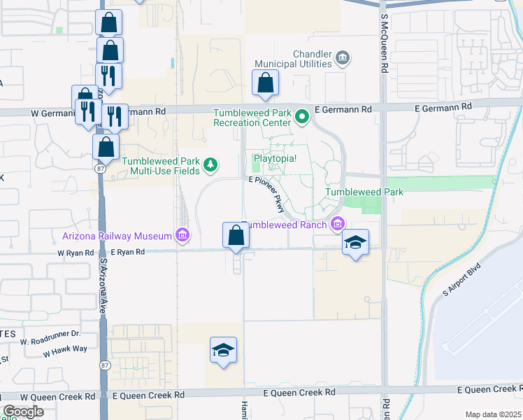 map of restaurants, bars, coffee shops, grocery stores, and more near 650 East Ryan Road in Chandler