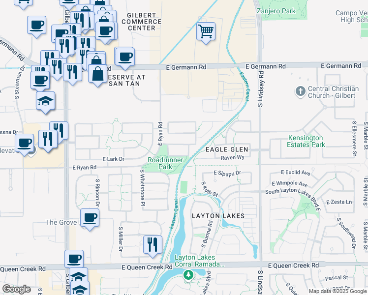 map of restaurants, bars, coffee shops, grocery stores, and more near 3675 East Bluebird Place in Chandler