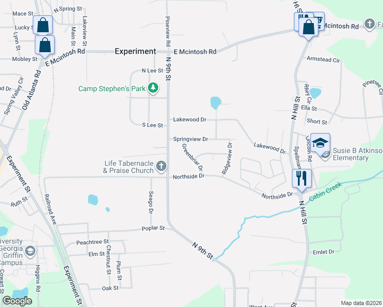 map of restaurants, bars, coffee shops, grocery stores, and more near 418 Meadowlark Drive in Griffin