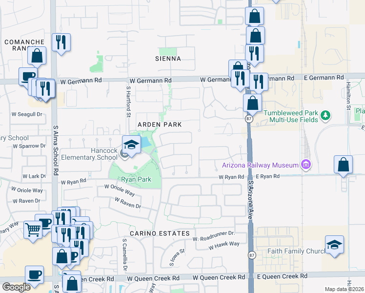 map of restaurants, bars, coffee shops, grocery stores, and more near 291 West Sparrow Drive in Chandler
