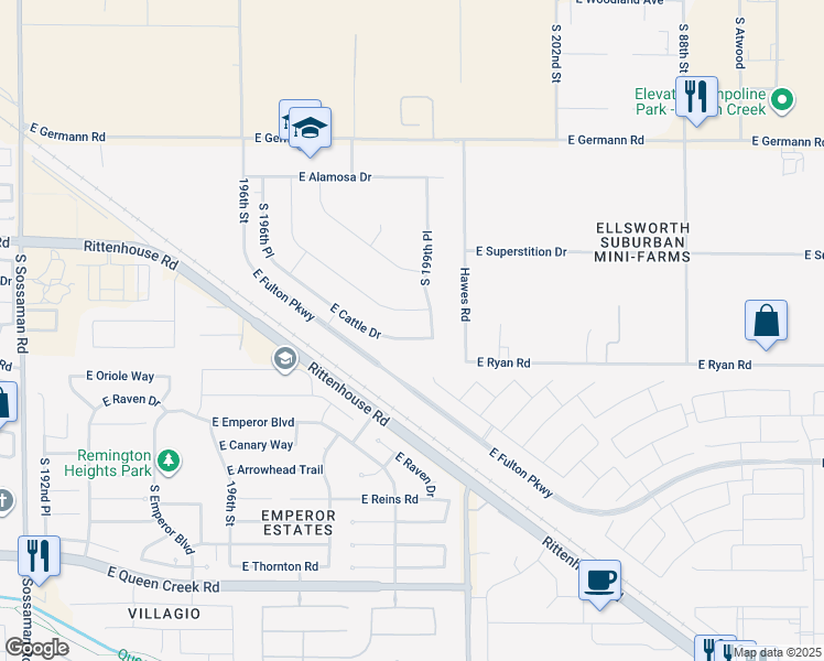 map of restaurants, bars, coffee shops, grocery stores, and more near 19914 East Cattle Drive in Queen Creek