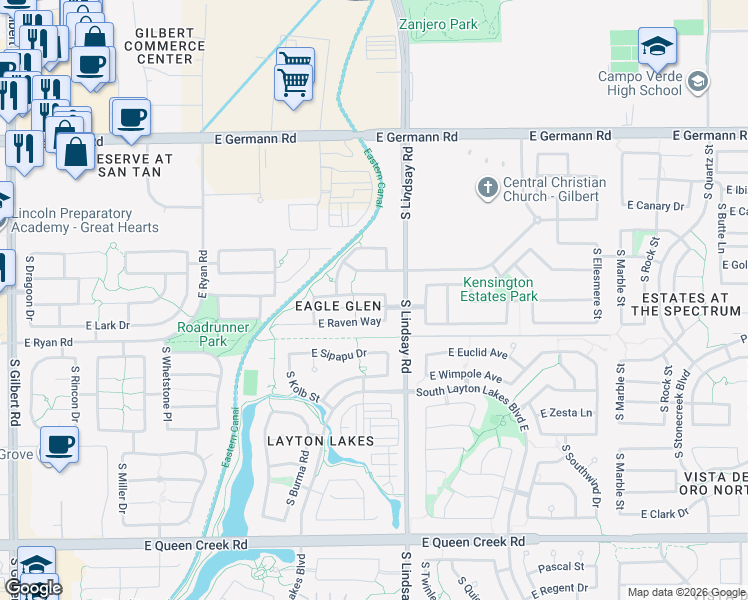 map of restaurants, bars, coffee shops, grocery stores, and more near 737 East Hummingbird Way in Gilbert