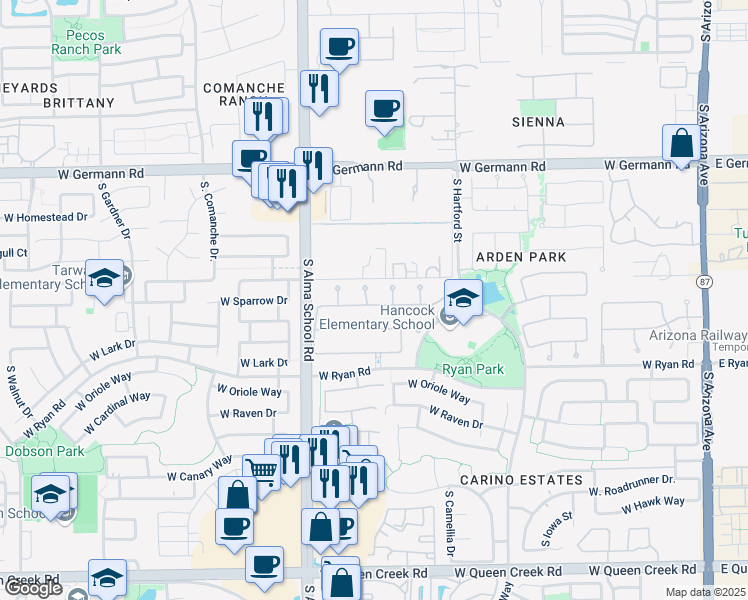 map of restaurants, bars, coffee shops, grocery stores, and more near 759 West Sparrow Place in Chandler