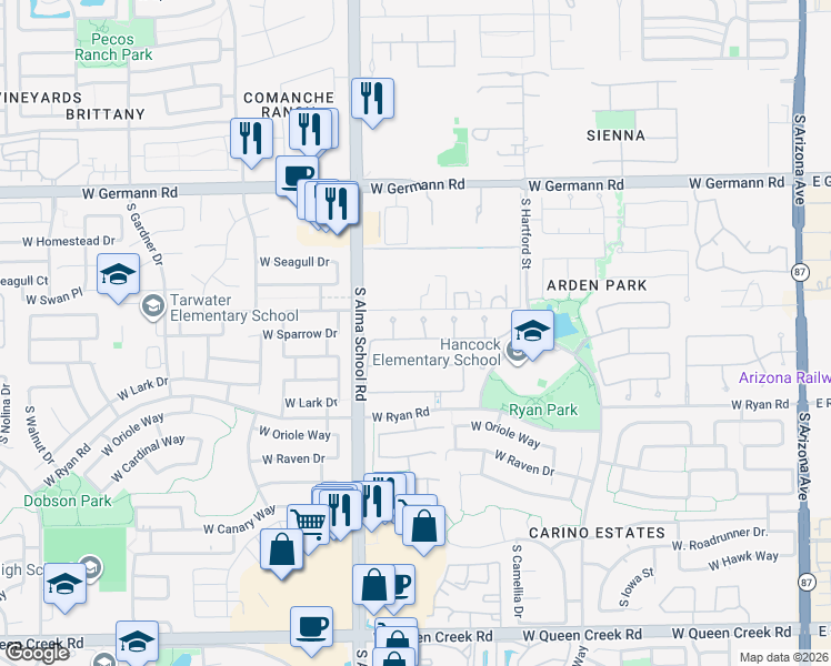 map of restaurants, bars, coffee shops, grocery stores, and more near 2292 South McClelland Place in Chandler