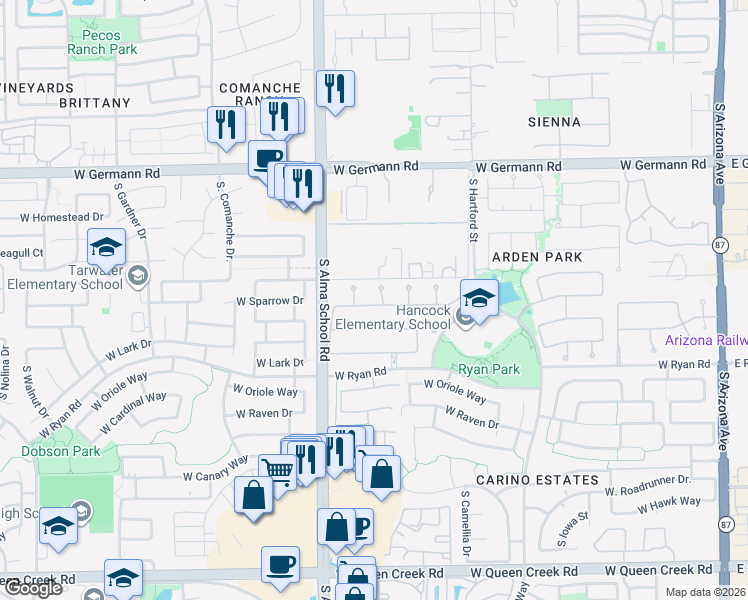map of restaurants, bars, coffee shops, grocery stores, and more near 2292 South McClelland Place in Chandler