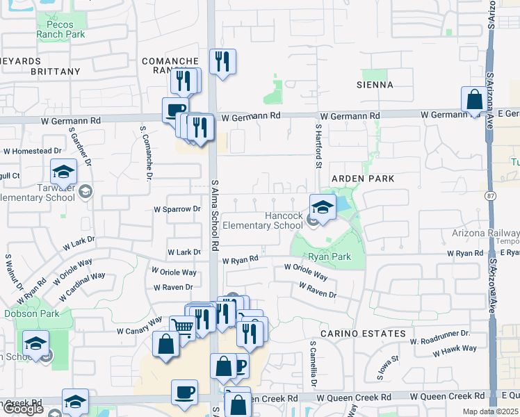 map of restaurants, bars, coffee shops, grocery stores, and more near 759 West Sparrow Place in Chandler