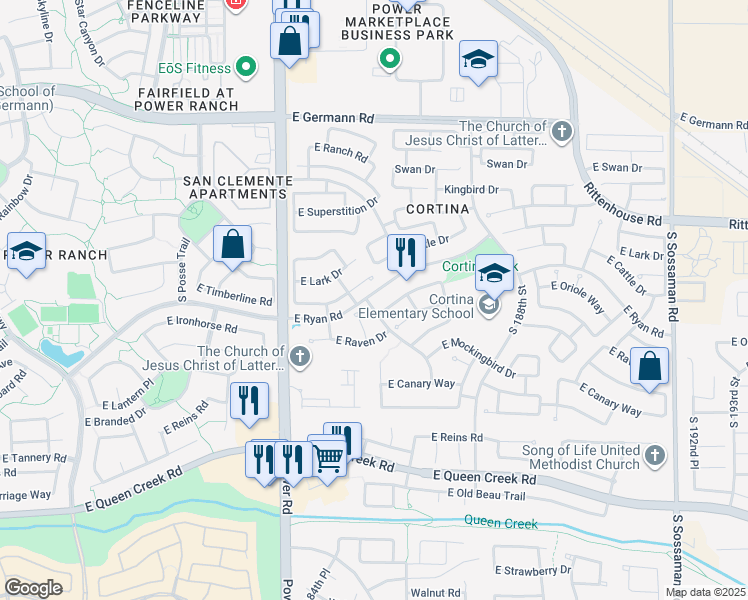 map of restaurants, bars, coffee shops, grocery stores, and more near 18577 East Ryan Road in Queen Creek