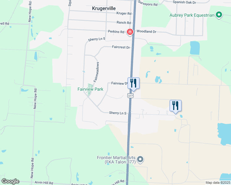 map of restaurants, bars, coffee shops, grocery stores, and more near 807 Fairview Circle in Krugerville