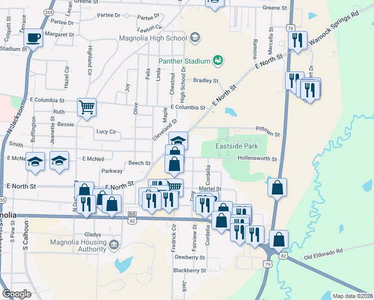 map of restaurants, bars, coffee shops, grocery stores, and more near 1310 Hollensworth Street in Magnolia