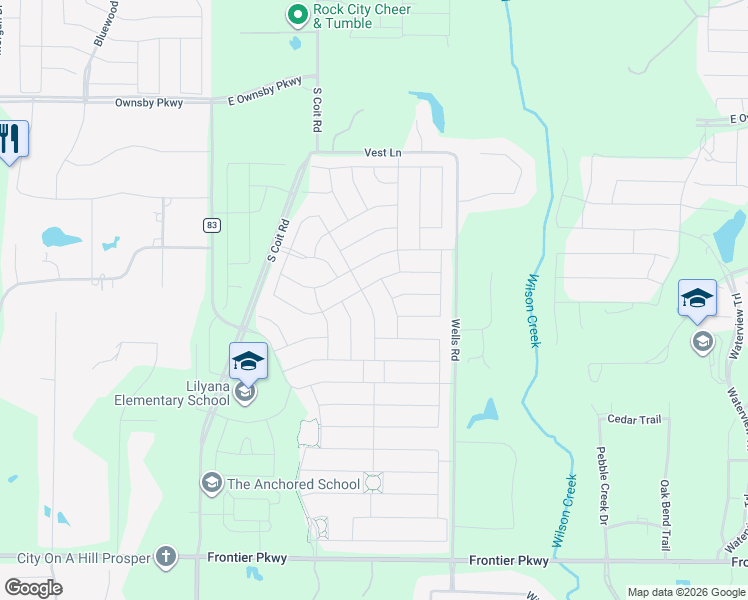 map of restaurants, bars, coffee shops, grocery stores, and more near 3453-3935 County Road 84 in Prosper