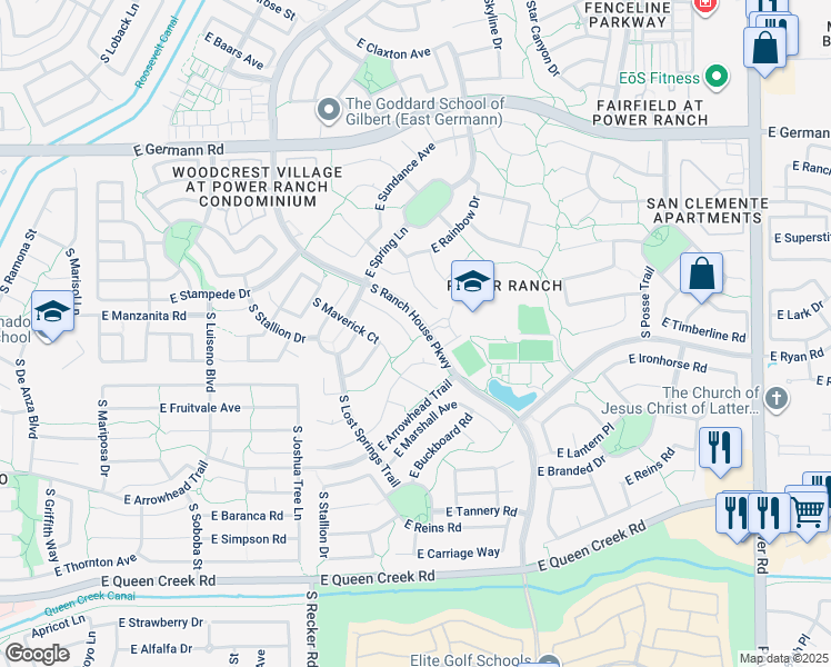 map of restaurants, bars, coffee shops, grocery stores, and more near 4377 South Rim Court in Gilbert