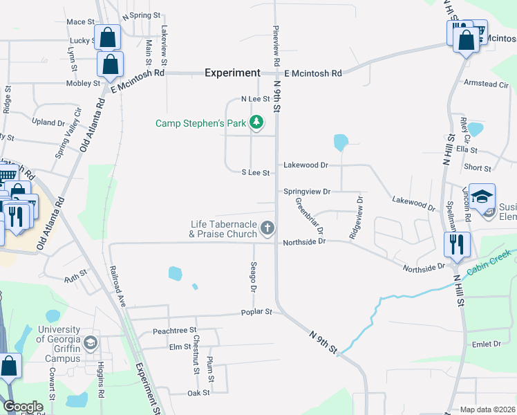 map of restaurants, bars, coffee shops, grocery stores, and more near 1319 North 9th Street in Griffin
