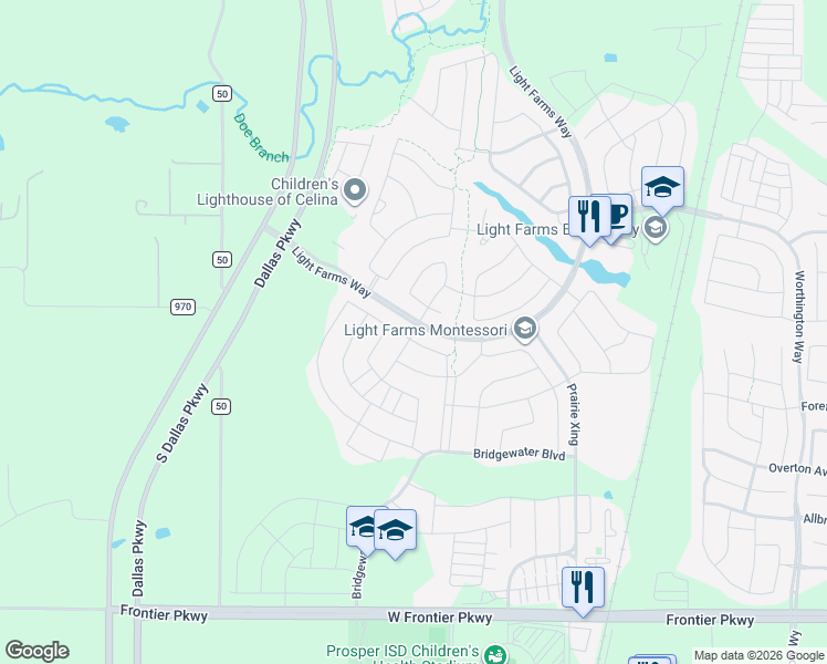 map of restaurants, bars, coffee shops, grocery stores, and more near Hartline Hills in Celina