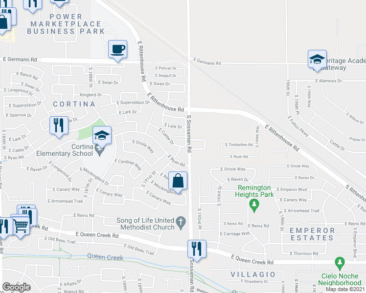 map of restaurants, bars, coffee shops, grocery stores, and more near 19914 East Cattle Drive in Queen Creek