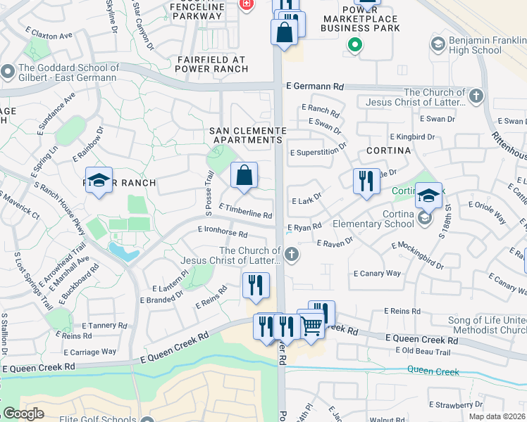 map of restaurants, bars, coffee shops, grocery stores, and more near 4763 East Timberline Road in Gilbert