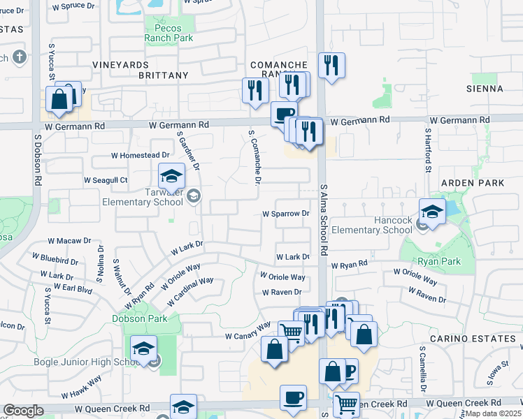 map of restaurants, bars, coffee shops, grocery stores, and more near 1257 West Sparrow Court in Chandler