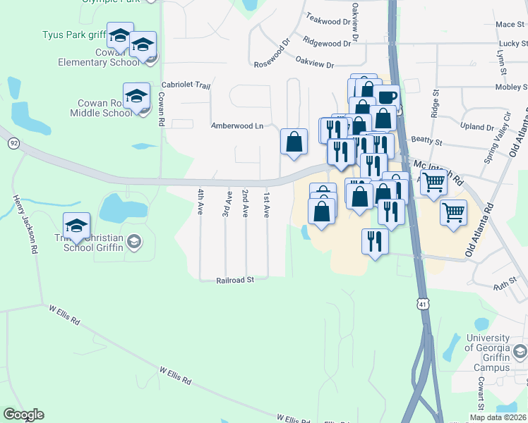 map of restaurants, bars, coffee shops, grocery stores, and more near 115 1st Avenue in Griffin