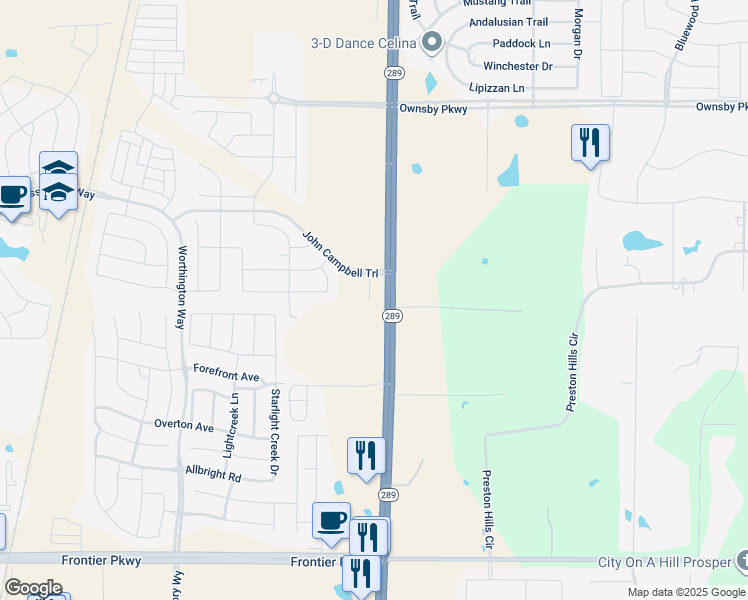 map of restaurants, bars, coffee shops, grocery stores, and more near 3830 Windmill Court in Celina