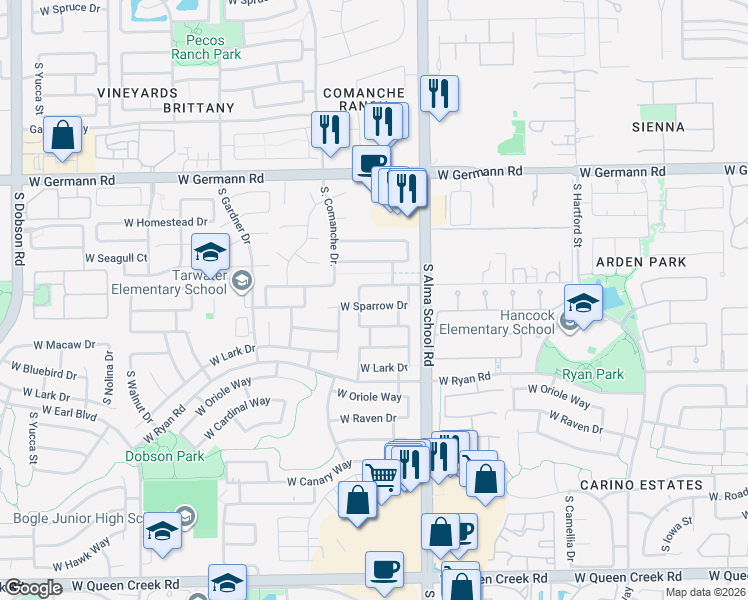 map of restaurants, bars, coffee shops, grocery stores, and more near 1162 West Sparrow Drive in Chandler