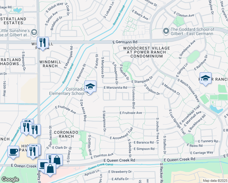 map of restaurants, bars, coffee shops, grocery stores, and more near 4355 South Ponderosa Drive in Gilbert