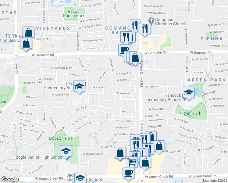 map of restaurants, bars, coffee shops, grocery stores, and more near 1257 West Sparrow Court in Chandler