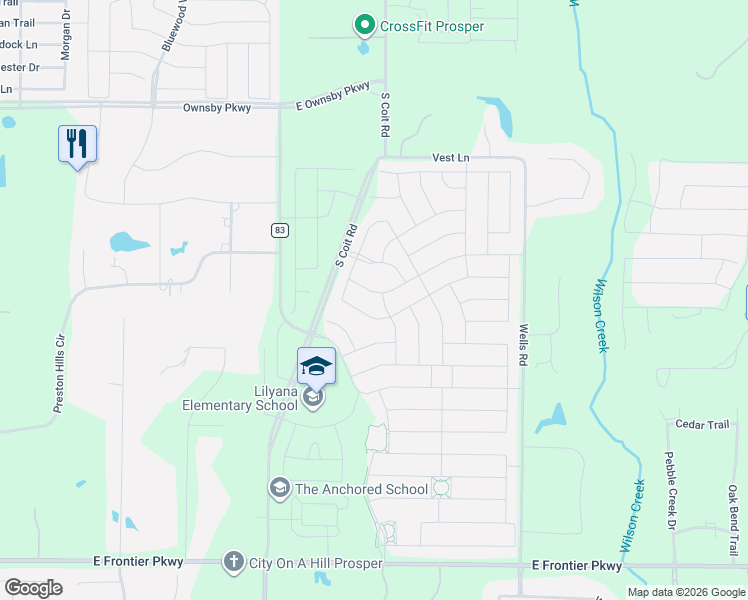 map of restaurants, bars, coffee shops, grocery stores, and more near 1424 Ladys Mantle Way in Prosper