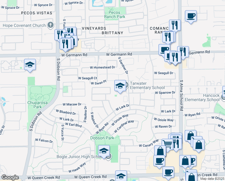 map of restaurants, bars, coffee shops, grocery stores, and more near 2275 South Longmore Street in Chandler