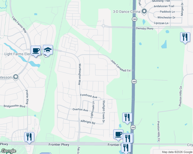 map of restaurants, bars, coffee shops, grocery stores, and more near 446 Camille Crossing in Celina