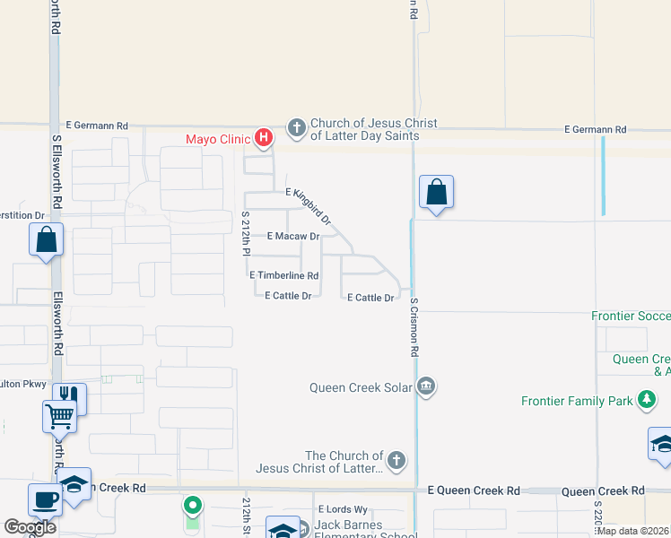 map of restaurants, bars, coffee shops, grocery stores, and more near 21919 East Germann Road in Queen Creek