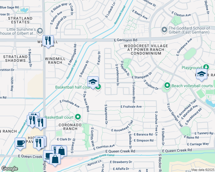 map of restaurants, bars, coffee shops, grocery stores, and more near 4352 South Hemet Street in Gilbert