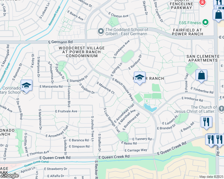 map of restaurants, bars, coffee shops, grocery stores, and more near 4403 South Maverick Avenue in Gilbert