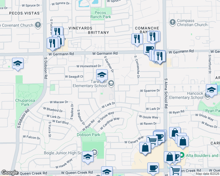map of restaurants, bars, coffee shops, grocery stores, and more near 2300 S Gardner Dr in Chandler
