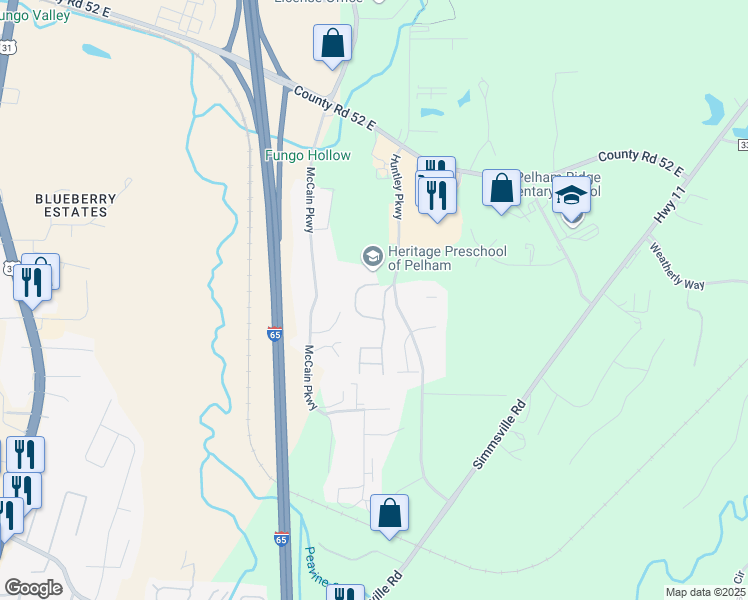 map of restaurants, bars, coffee shops, grocery stores, and more near 100 Huntley Apartment Drive in Pelham