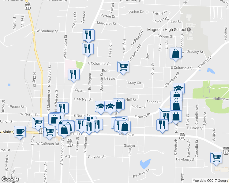 map of restaurants, bars, coffee shops, grocery stores, and more near 605 North Dudney Road in Magnolia